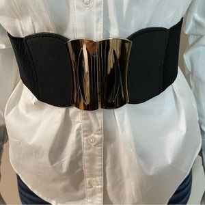 Metallic buckle black elastic waistband belt
